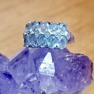 10k White Gold Genuine Blue Zircon and Diamond Cluster Ring
